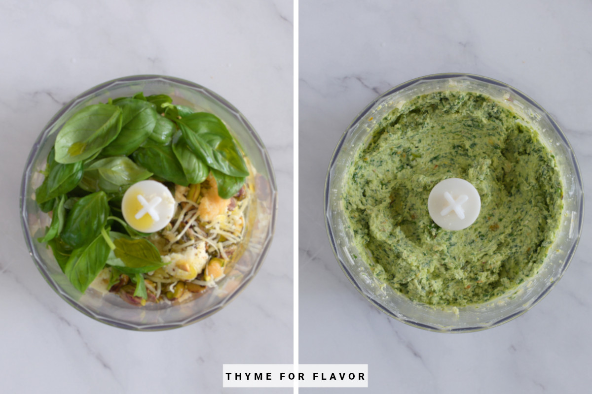 Before and after blending ricotta pesto in a food processor.
