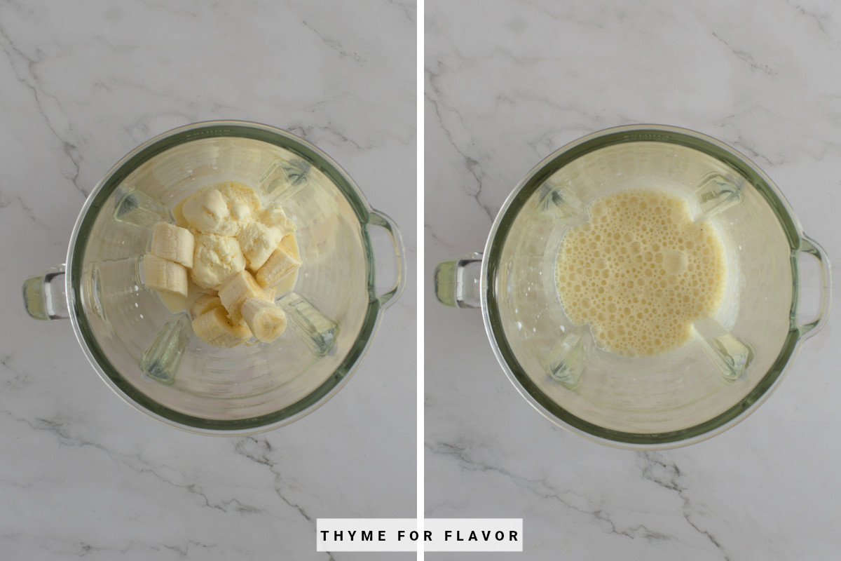 Before and after blending banana shake in a blender.