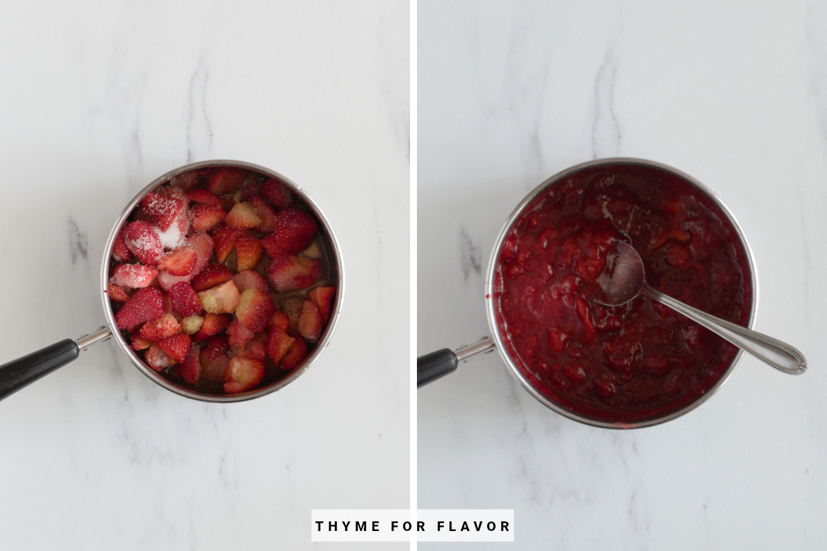 Before and after cooking strawberry compote in a saucepan.