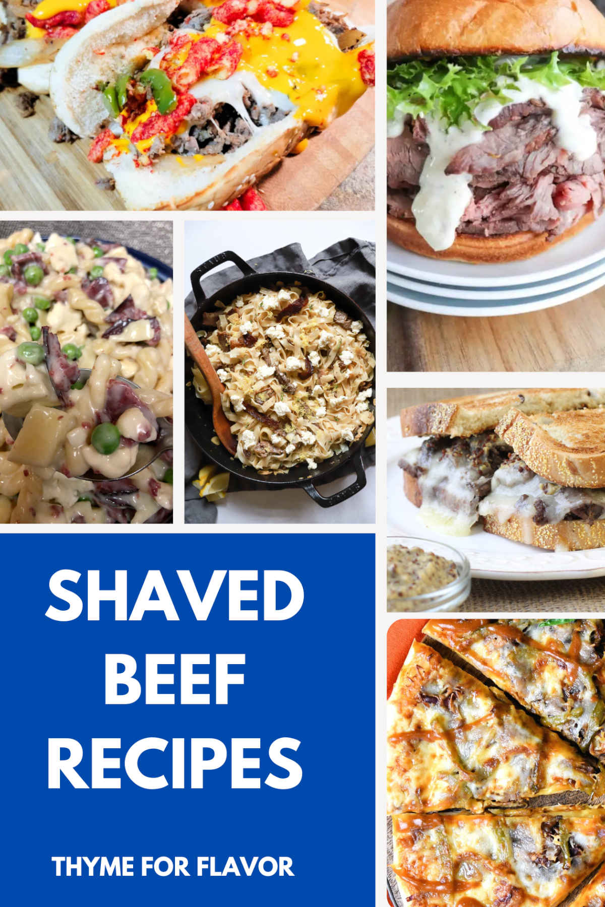 Collection of images of shaved beef recipes.