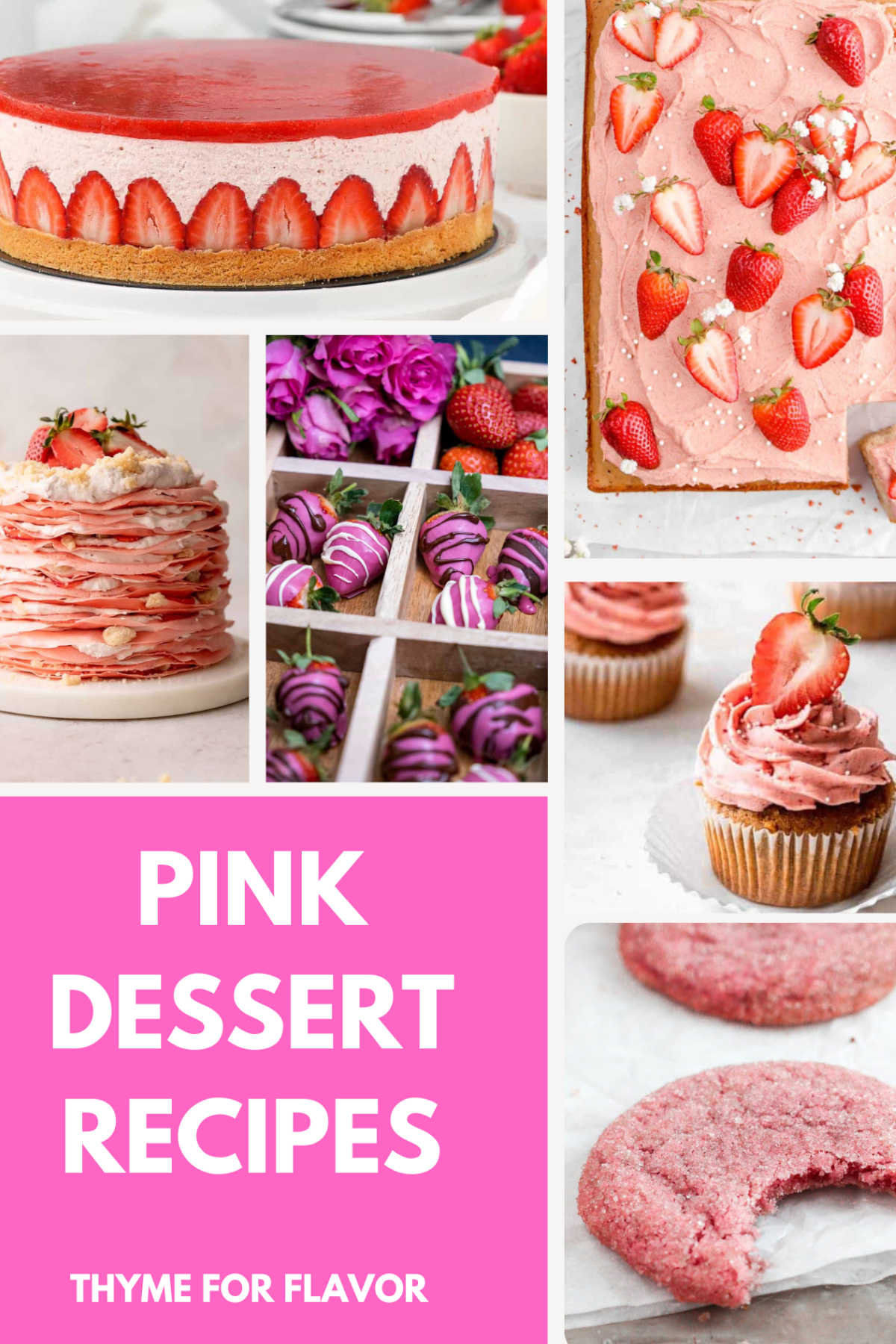 Collection of images of pink desserts.