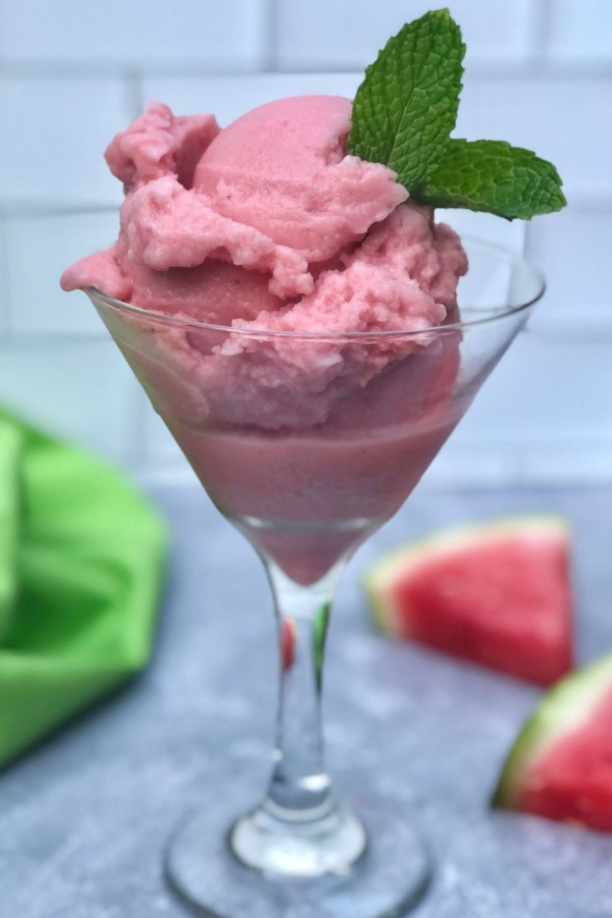 Watermelon ice cream in a glass.