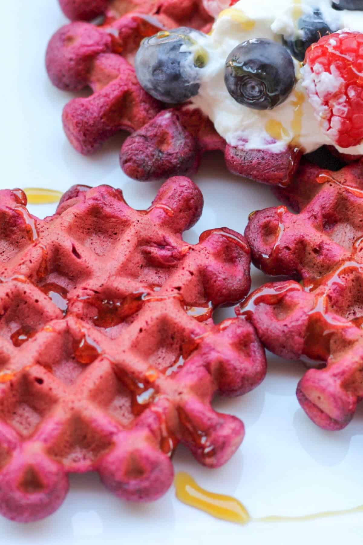 Close up image of beetroot waffles.