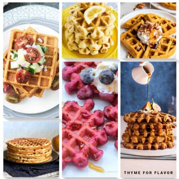 Collage of savory waffles.