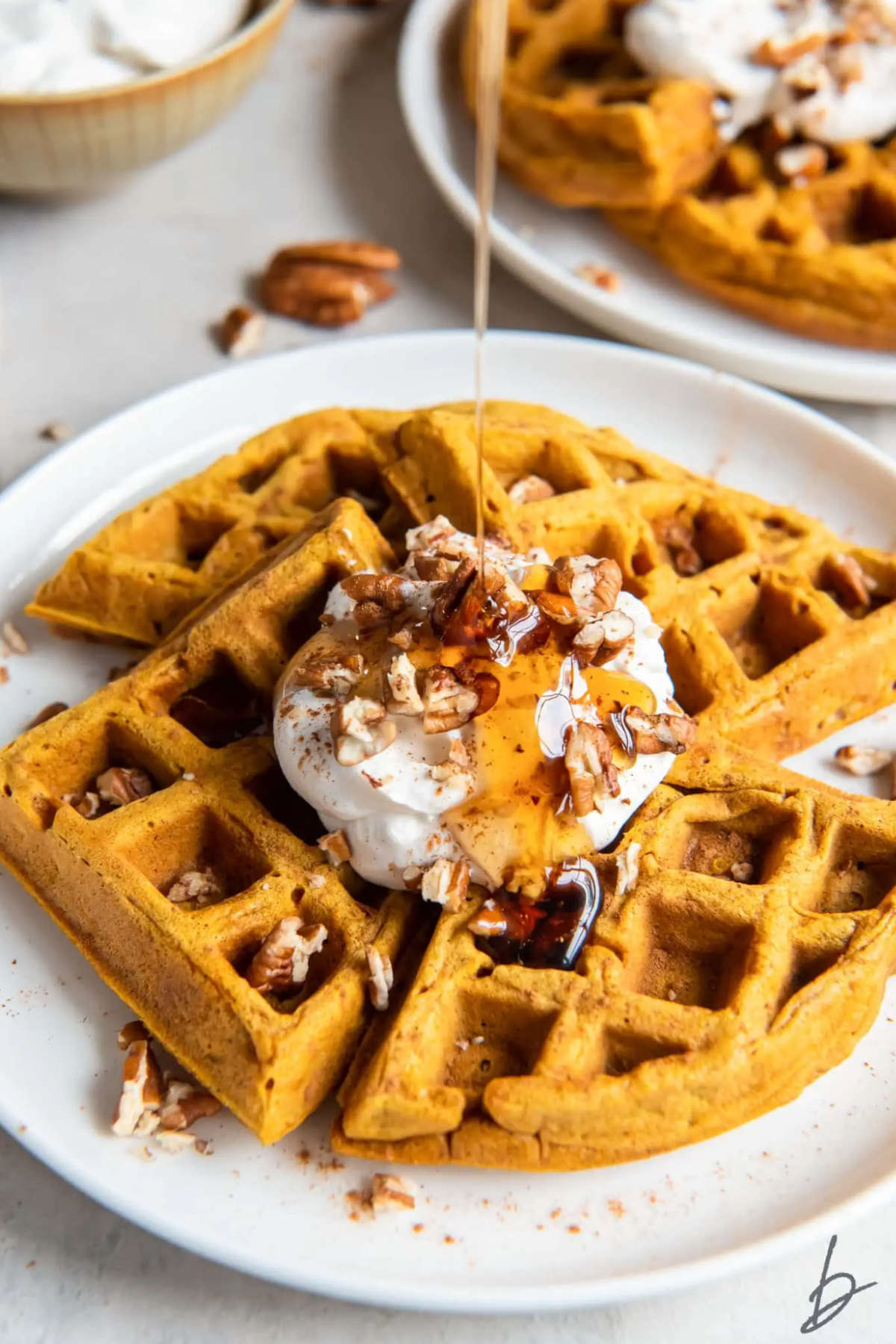Close up image of pumpkin waffles with cream.